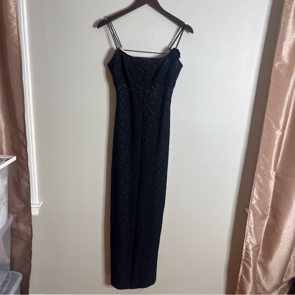 Vintage Y2K Size Small Black Lace Strappy Rosette Fitted Long Maxi Dress Gown